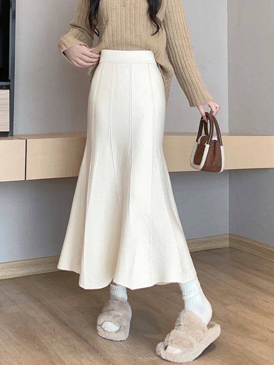 Autumn Winter Knitted Long Korean Fashion Temperament Elegant High Waist Solid Slim Black Fishtail Skirt