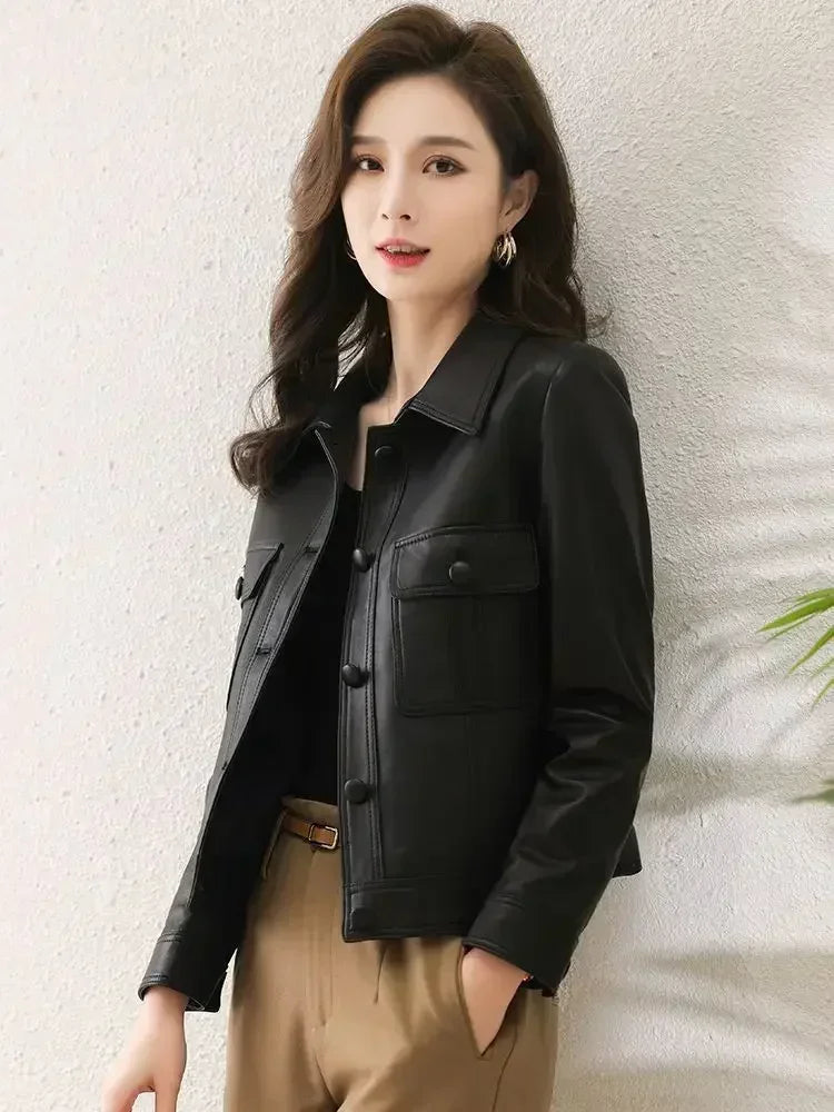 Autumn Winter Leather Lapel Fashion Cool Cardigan Long Sleeve Short Jacket