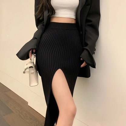 Autumn Winter Split Stretch Slim-Fit Slimming Knitted Sexy High Waist Elegant Solid Color Skirt