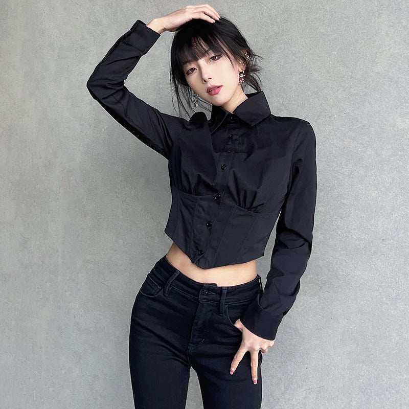 Sexy Folds Gothic Black Short Top Blouse