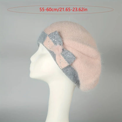 Rabbit Fur Double Layer Knitted Butterfly Knot Pullover Hat