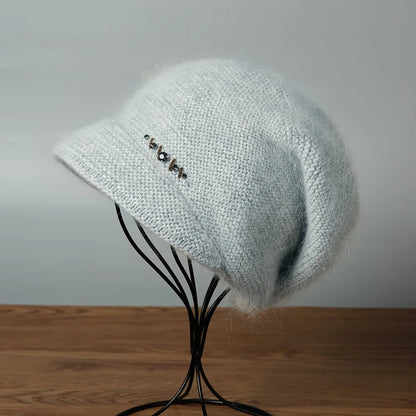 Knitted Double Elastic Diamond Dot Rabbit Hair Hat