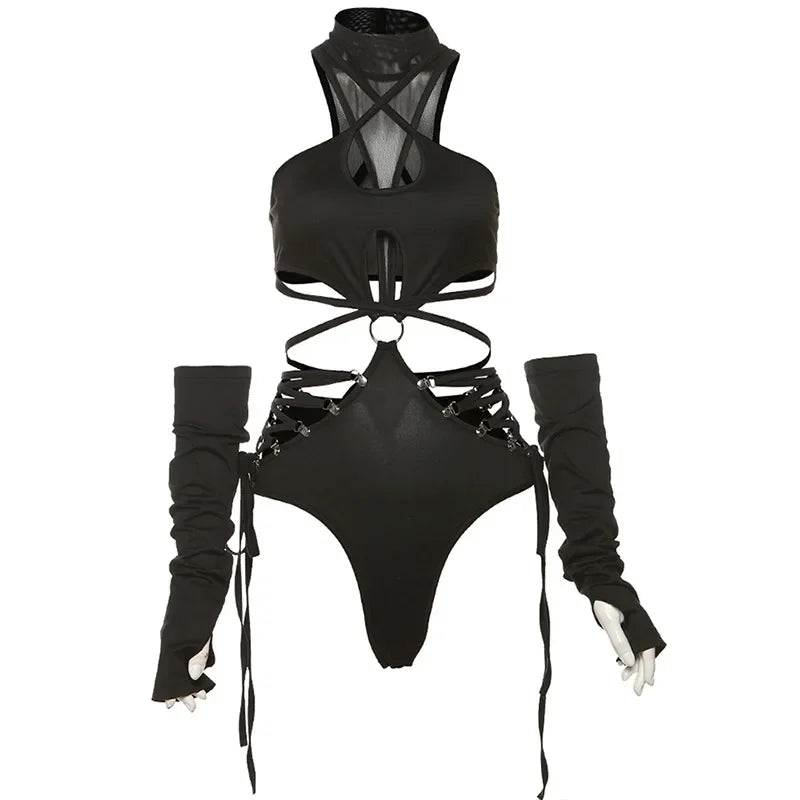 Bandage Hollow Out Sexy Cyber Y2K Techwear Mesh Patchwork Mock Neck Bodysuit Crop Top