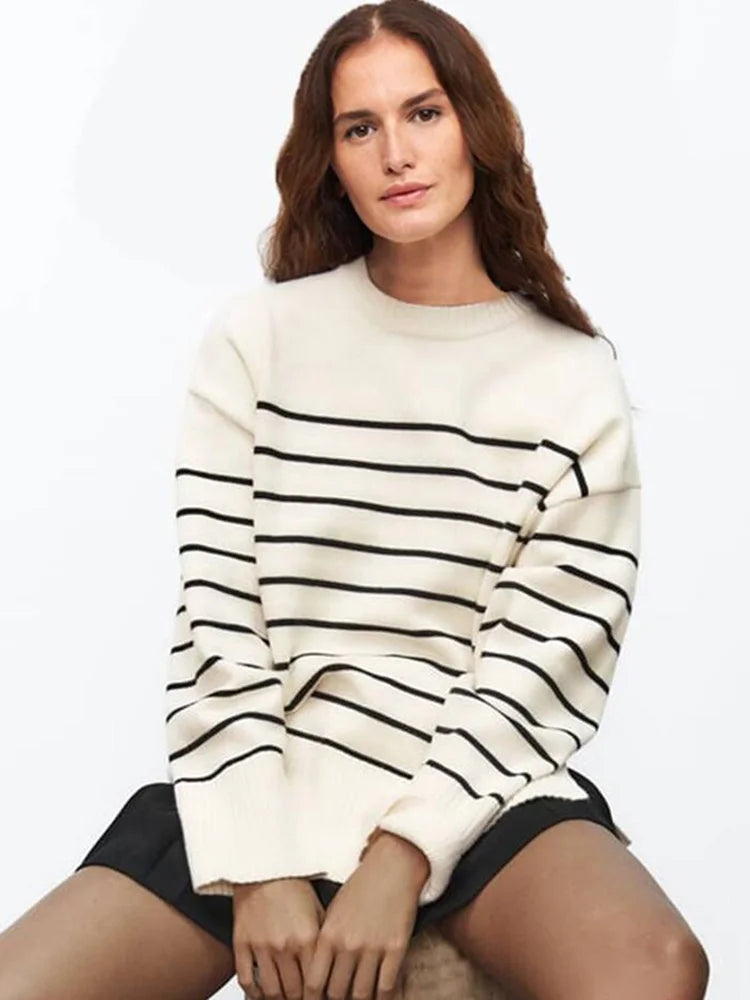 Beige Stripe Baggy Women Pullover Streetwear Long Sleeve Knitted Loose Sweater