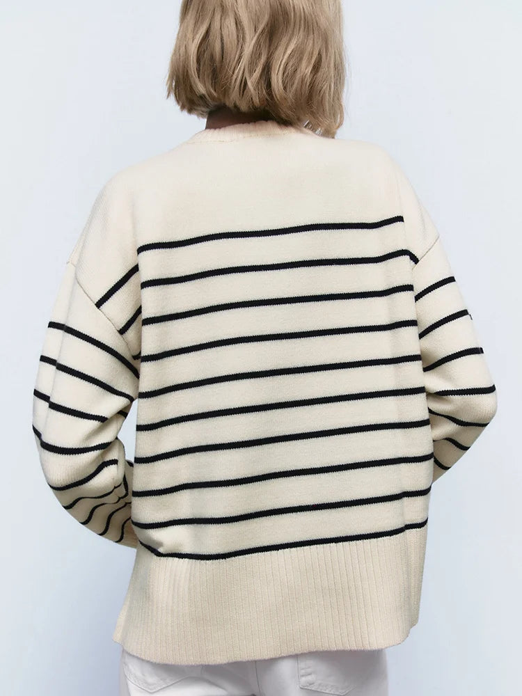 Beige Stripe Baggy Women Pullover Streetwear Long Sleeve Knitted Loose Sweater