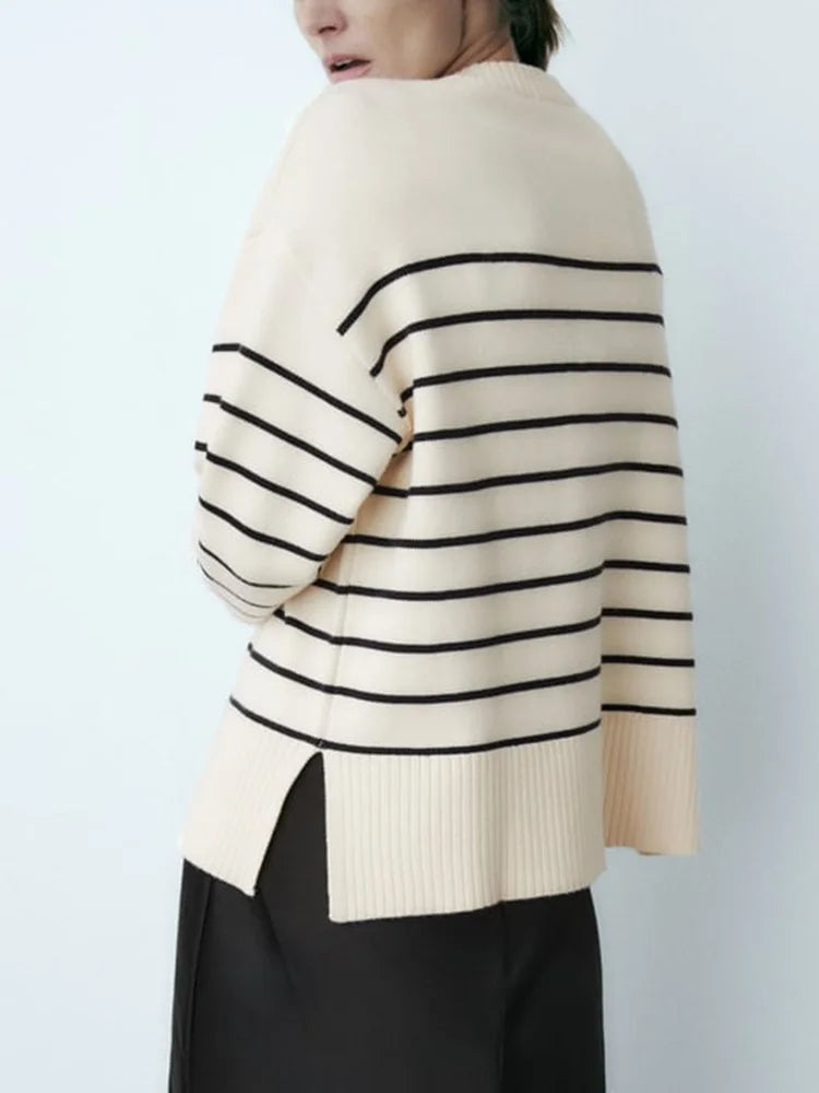 Beige Stripe Baggy Women Pullover Streetwear Long Sleeve Knitted Loose Sweater