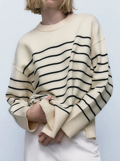 Beige Stripe Baggy Women Pullover Streetwear Long Sleeve Knitted Loose Sweater