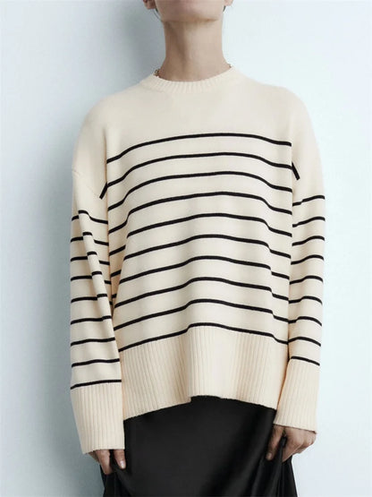 Beige Stripe Baggy Women Pullover Streetwear Long Sleeve Knitted Loose Sweater