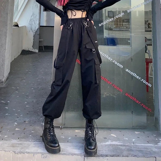 Black Women Pants Techwear Waist Pants High Gothic Cargo Streetwear