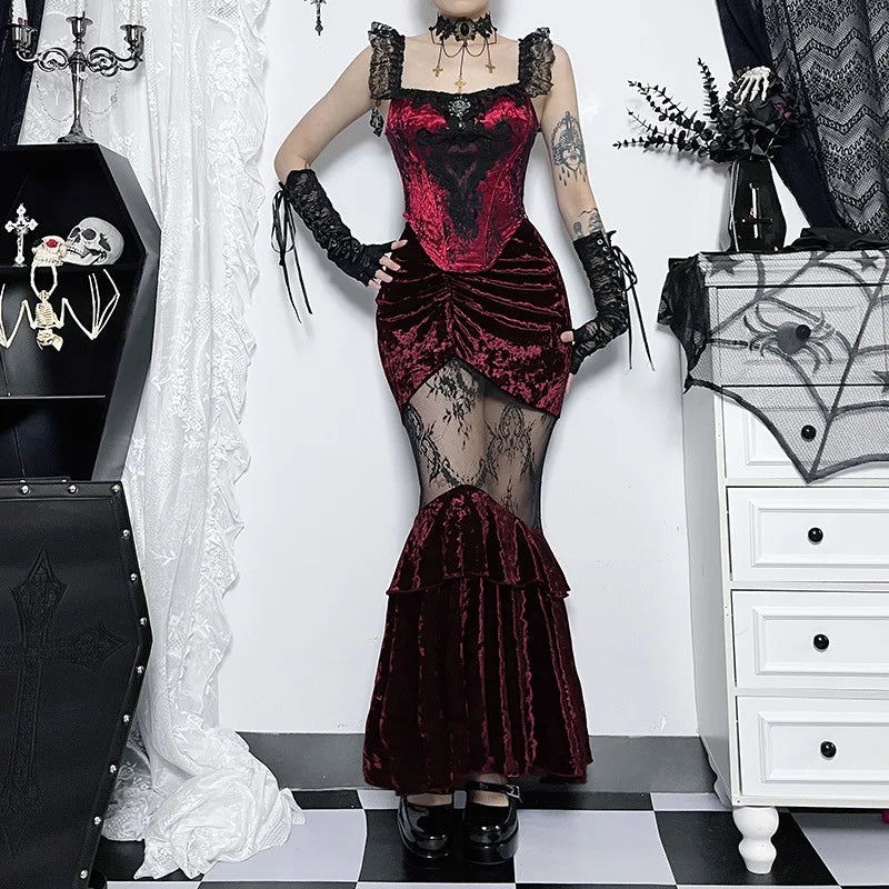 Gothic Women Sexy Lace Grunge Velvet Fairy Black Skirt Fishtail Stitching Fall