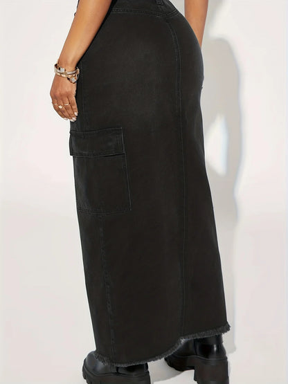 Amy Fashion - Black Flap Pockets Denim Midi Skirt Raw Hem Distressed Washed Cargo Denim Skirt Jean