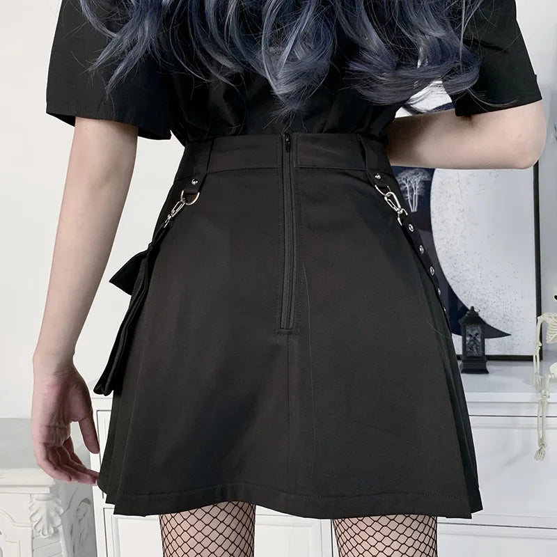 High A-line Irregular Black Waist Pleated Skirt Goth Tooling Waist Chain Gothic Harajuku Y2k Functional