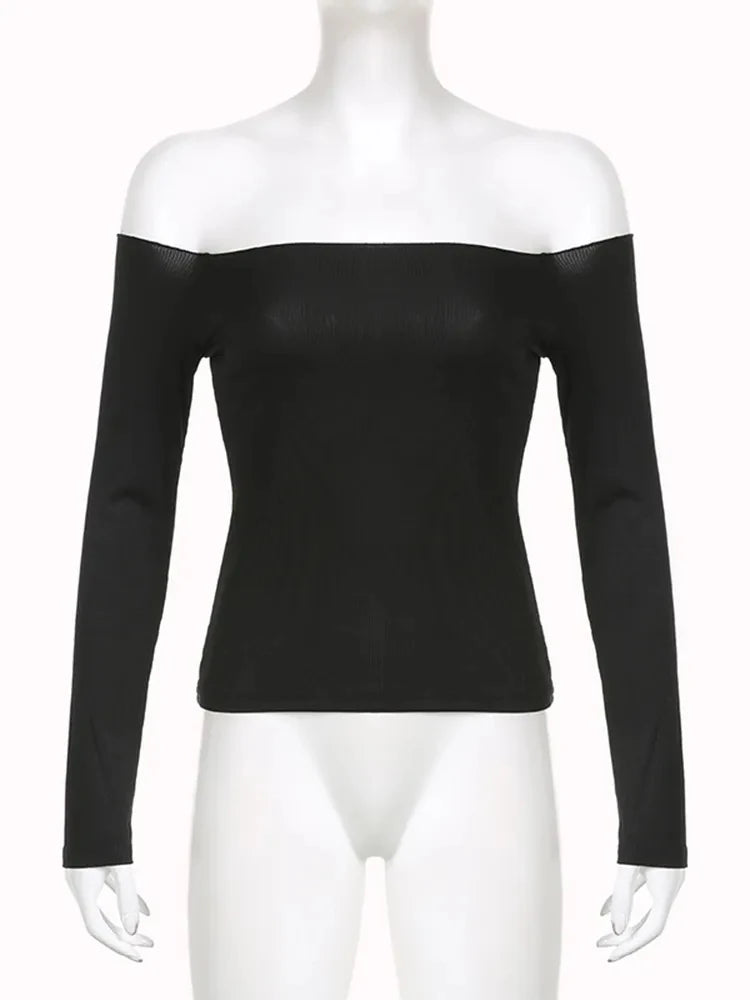 AMY - Elegant Slim Sexy Cropped Black Long Sleeve Korean Fall Crop Top