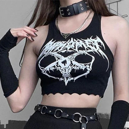 Crop Head Punk Black Sexy Grunge Top O-neck Sleeveless Summer Knitted Goat Print Goth