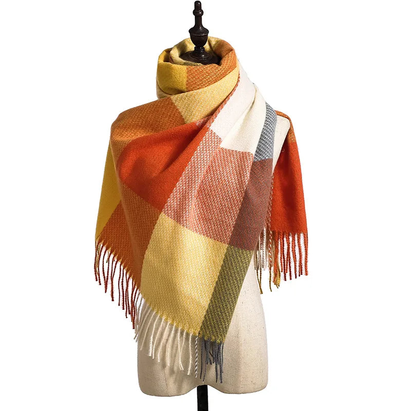 Elegant Lady Style Cashmere Tassel Luxury Scarf - Autumn Winter Striped Plaid