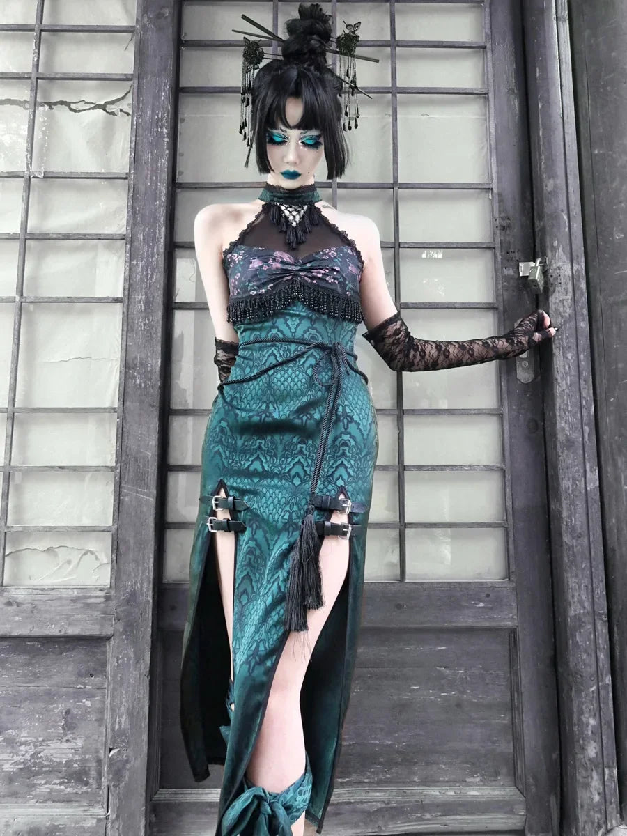 Snake Mesh New Original Dress Patch Sexy Design Slit Summer Neck Halter High Dress Gothic Cheongsam