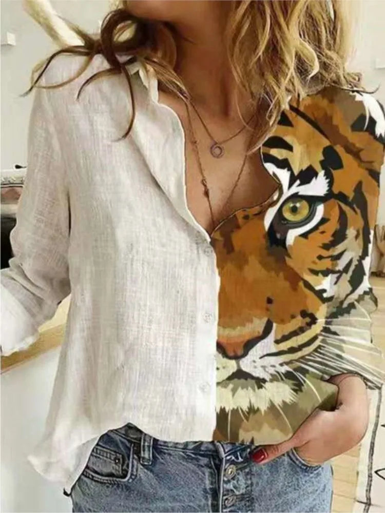 Tiger Loose Lapel Button Office Lady Leisure Streetwear Blouse