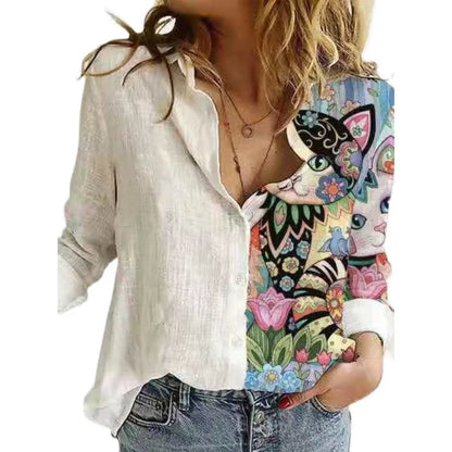 Tiger Loose Lapel Button Office Lady Leisure Streetwear Blouse