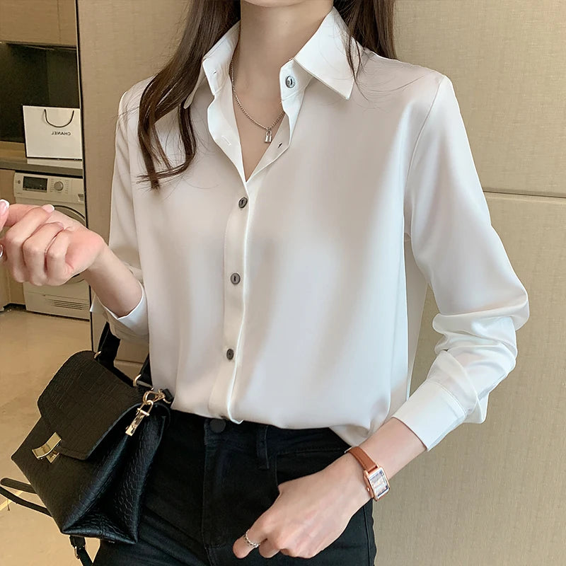 Fashion Silk Long Sleeve Solid Casual Shirts Lady Turn Down Collar White Tops Blouse