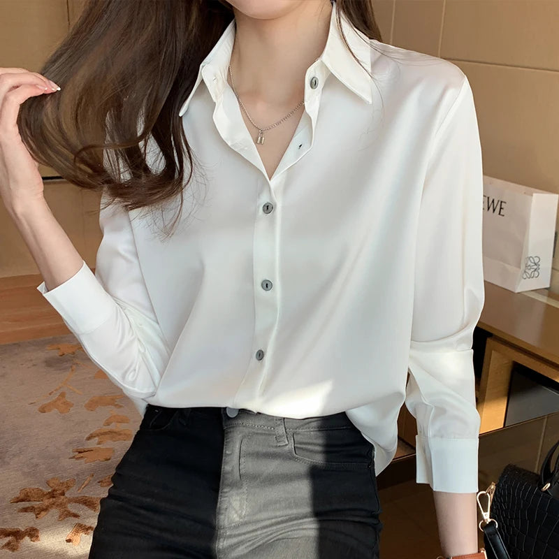 Fashion Silk Long Sleeve Solid Casual Shirts Lady Turn Down Collar White Tops Blouse