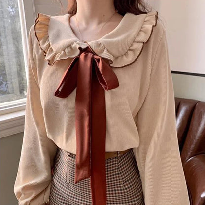 Elegant Corduroy Kawaii Bow Leisure Preppy Sweet Clothes Blouse