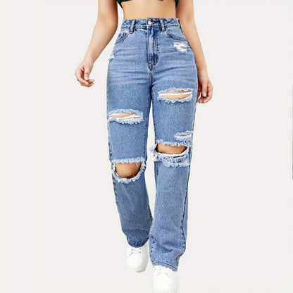 Amy Fashion - Blue Ripped Baggy Straight Slash Pockets Distressed High Waist Loose Fit Denim Jean