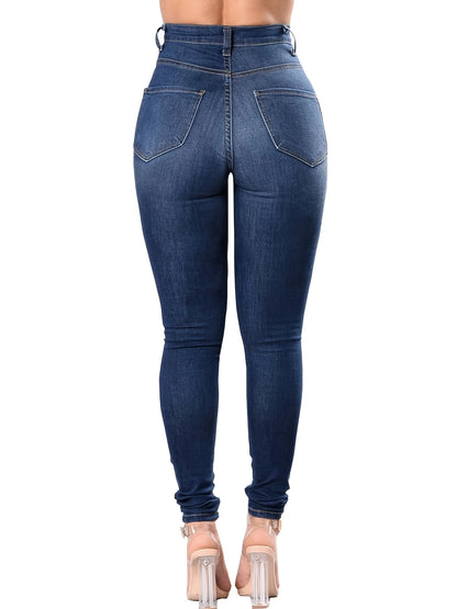 Amy Fashion - Blue Ripped Holes Skinny Distressed High Waist Slim Fit Slash Pockets Denim Jean