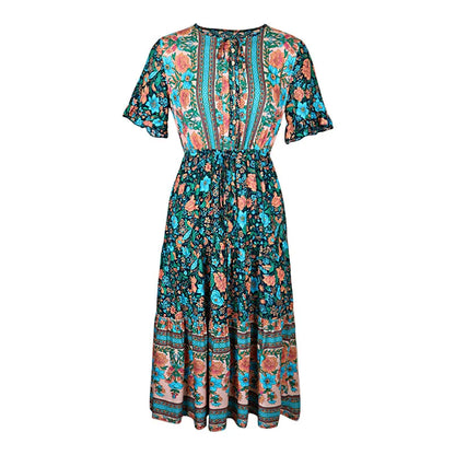 Amy Fashion - Vintage Round Neck A-Line Boho Dress