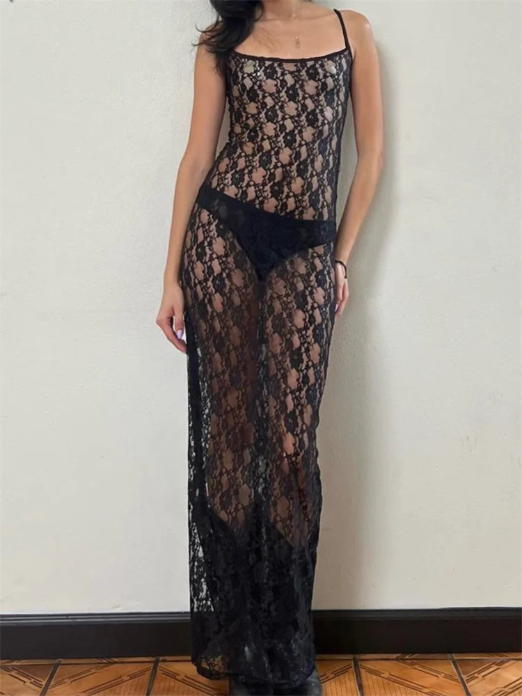 Amy Fashion - Lace Floral Mesh See Through  Summer Beach Cover Ups Women Sleeveless Strap Solid Slim Vestidos