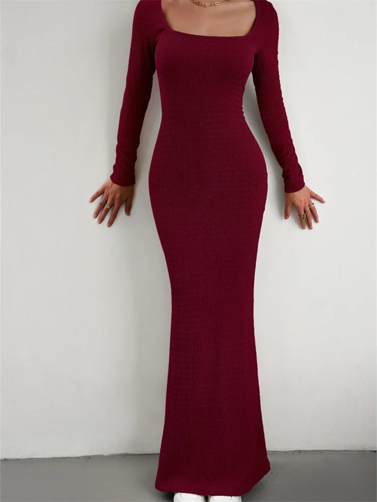 Amy Fashion - Elegant Women Knitted   Sleeve Square Neck Solid Slim Fit Spring Autumn Cocktail Female Vestidos