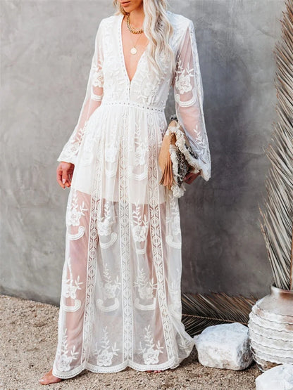 Amy Fashion - Lace Floral Mesh See Through    Summer Deep V-neck  Lantern Sleeve Beach Female Vestidos