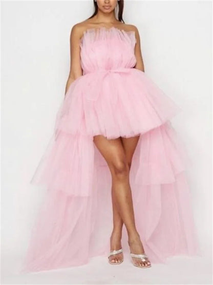 Amy Fashion - Mesh Sheer Elegant Women Formal Ball Gown  Strapless Off Shoulder High Waist Asymmetrical Hem Tulle