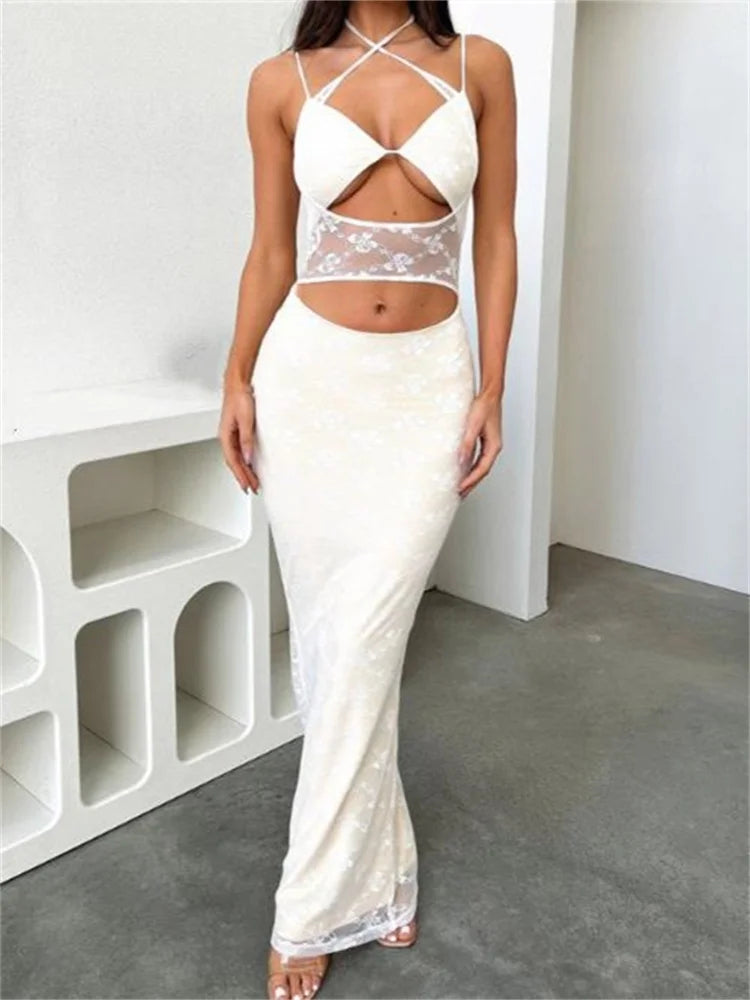 Amy Fashion - Sexy Women Lace See Through  Sleeveless Spaghetti Strap Cutout Elegant Party Female Vestidos  New