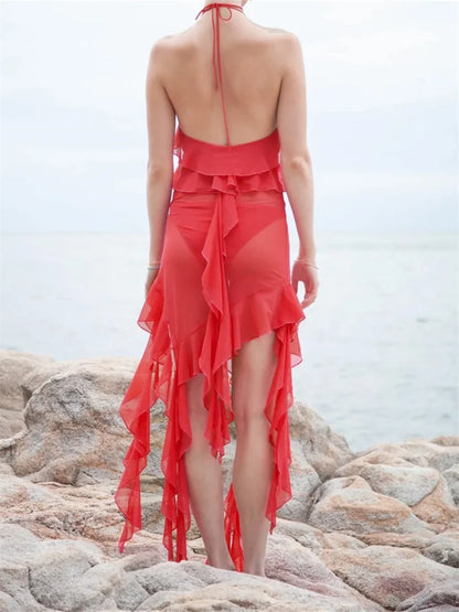 Amy Fashion - Sexy Women Mesh See Through  Bikini Cover Ups Beachwear Halter Backless Ruffles Tassels Irregular Hem Dress