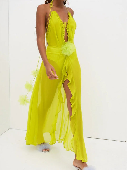 Amy Fashion - Sexy Women Summer Beach  Sleeveless Halter Tie-up Backless See-through Flower Split Ruffles Vestidos