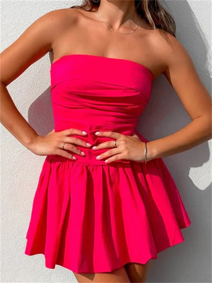 Amy Fashion - Sexy Summer Tube Strapless Off Shoulder Solid Ruched Mini Dress