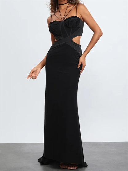 Amy Fashion - Women Black Halter Sleeveless Slim  Waist Hollow Out Spaghetti Strap Evening Summer Female Vestidos