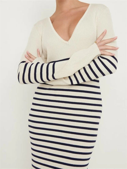 Amy Fashion - Women Knitted   Sleeve Deep V Neck Striped Slim Fit Spring Autumn Female Vestidos Streetwear