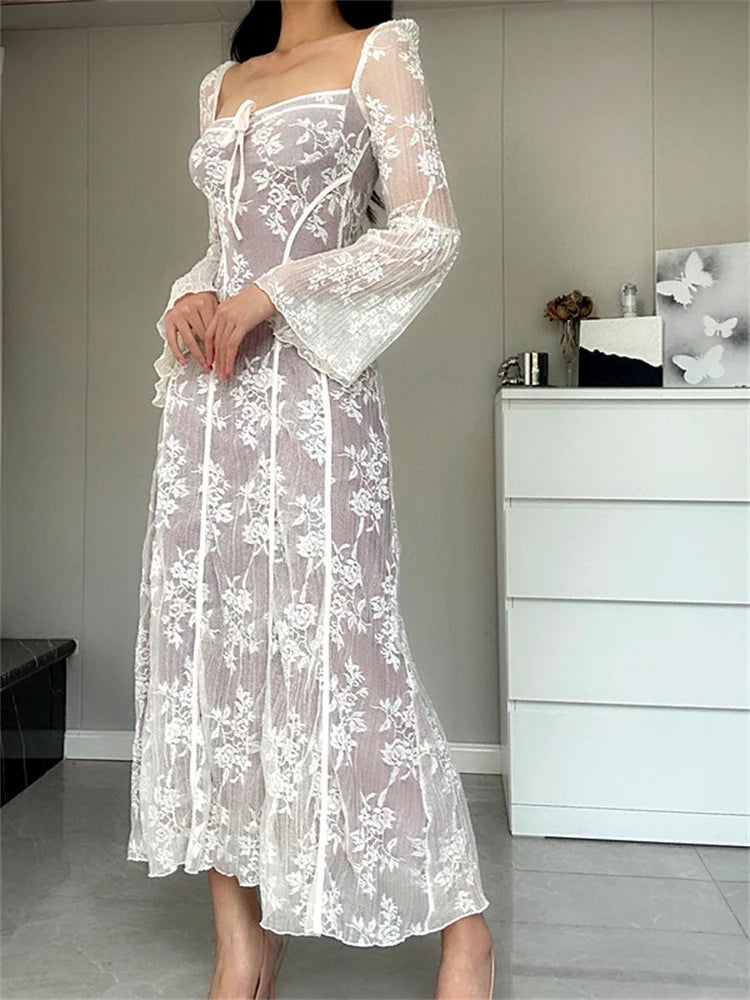 Amy Fashion - Women Lace Flower  Flare Sleeve Square Neck Tie-up  Spring Fall Solid Party Female Vestidos