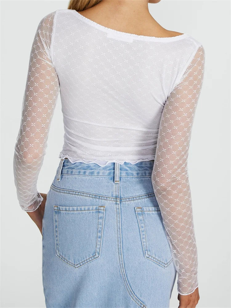 Amy Fashion - Long Sleeve  Lace Mesh See Through Tie-Up T-Shirts