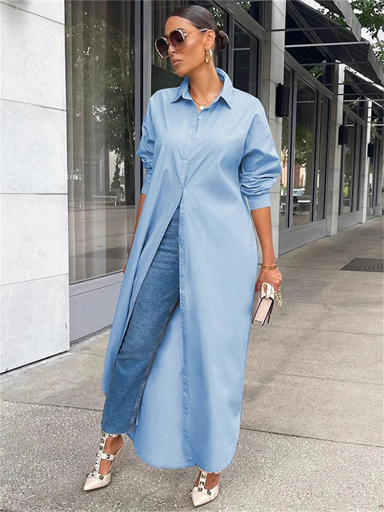 Amy Fashion - Women Loose Casual Kaftan   Shirts  Solid  Sleeve Lapel Single-breasted  Female Vestidos