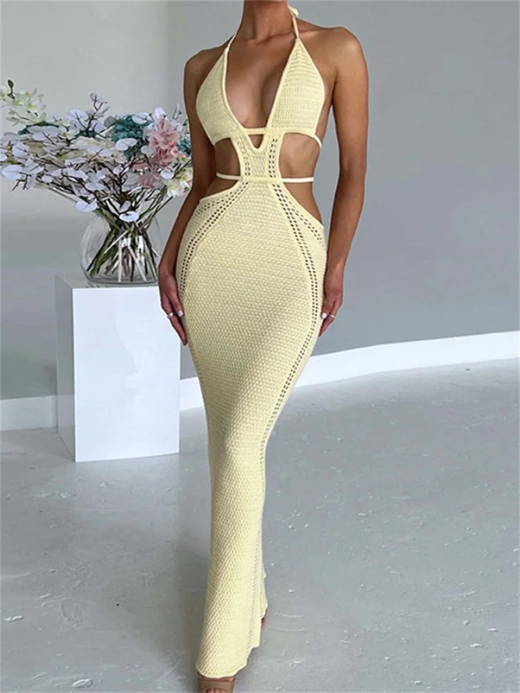 Amy Fashion - Women Sexy Knitted Cut Out Spaghetti Strap  Halter Backless Club Party Y2K Female Vestidos Streetwear