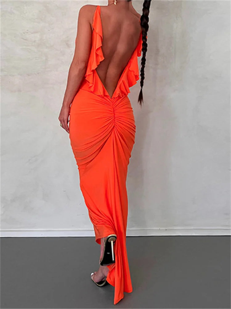 Amy Fashion - Women Sexy Spaghetti Strap Backless  Bodycon V-neck Ruffles Ruched Party Evening Clubwear Vestidos