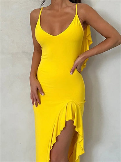 Amy Fashion - Women Spaghetti Strap Backless Ruffles  Sexy Slim Fit V Neck Sleeveless Strap Ruched Beach  Vestidos