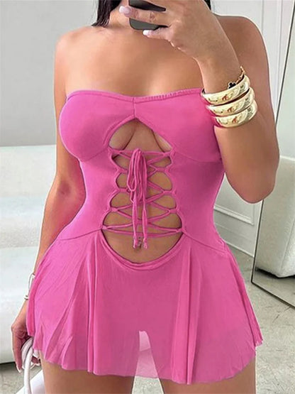 Amy Fashion - Strapless Off Shoulder Tube Jumpsuit Summer Cutout Tie Mini Dress