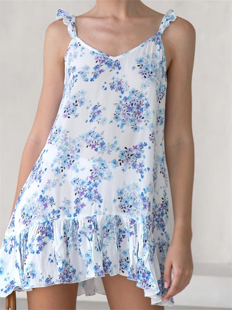 Amy Fashion - Summer Casual Camis Floral Print V Neck Mini Dress