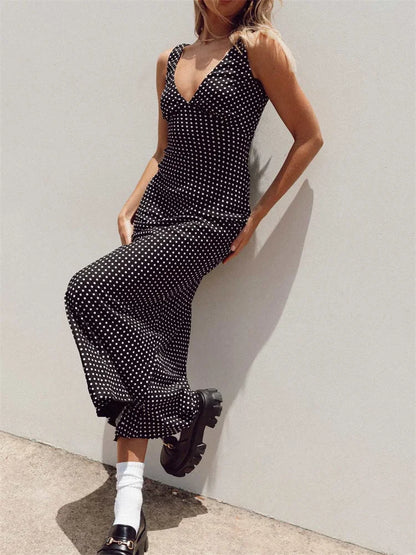 Amy Fashion - Women Summer Slim  Tank Dot Print Sleeveless Deep V-Neck Bodycon Ankle Length Female Vestidos