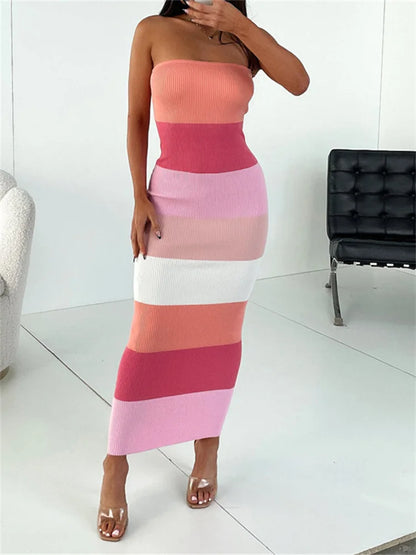 Amy Fashion - Women Summer Strapless Knitted Ribbed Female Sexy  Vestidos Sleeveless Off Shoulder  Striped Outfits