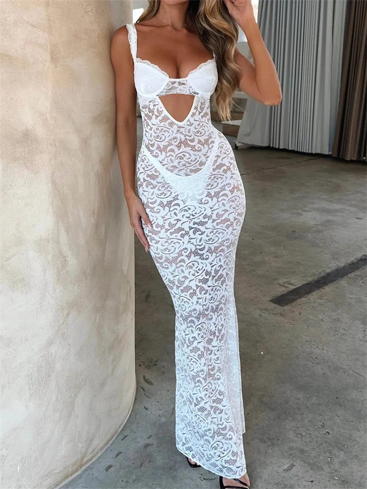 Amy Fashion - Women Summer V-neck  Sleeveless Strap Backless Mesh See Through Lace Floral Hollow Out Party  New