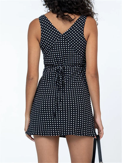 Amy Fashion - Tank Sleeveless Deep V Neck Dot Print Casual Mini Dress